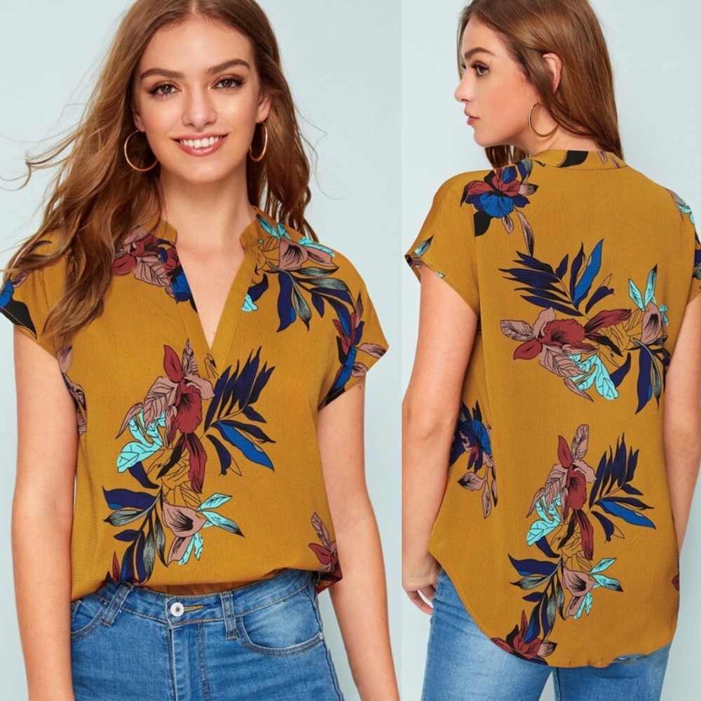 3/$30- Shein Golden Yellow V-Neck Floral Blouse